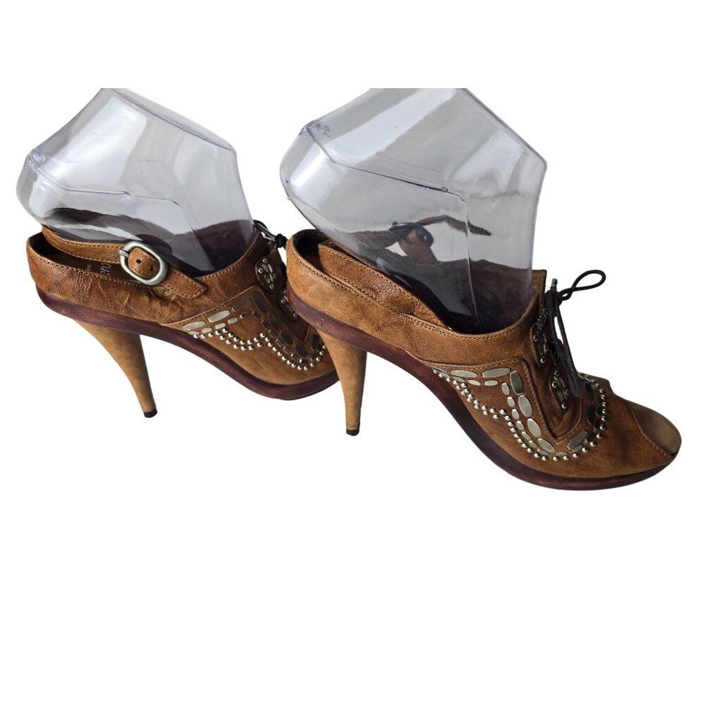 Calleen Cordero Katia Brown Leather Peep-Toe Oxford‎ Heels Size 8 - Picture 3 of 11